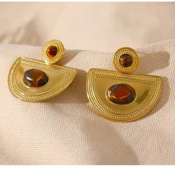 Tiger Eye Medusa 18K Gold Stainless Steel Waterproof Earrings - Picture 2 of 7